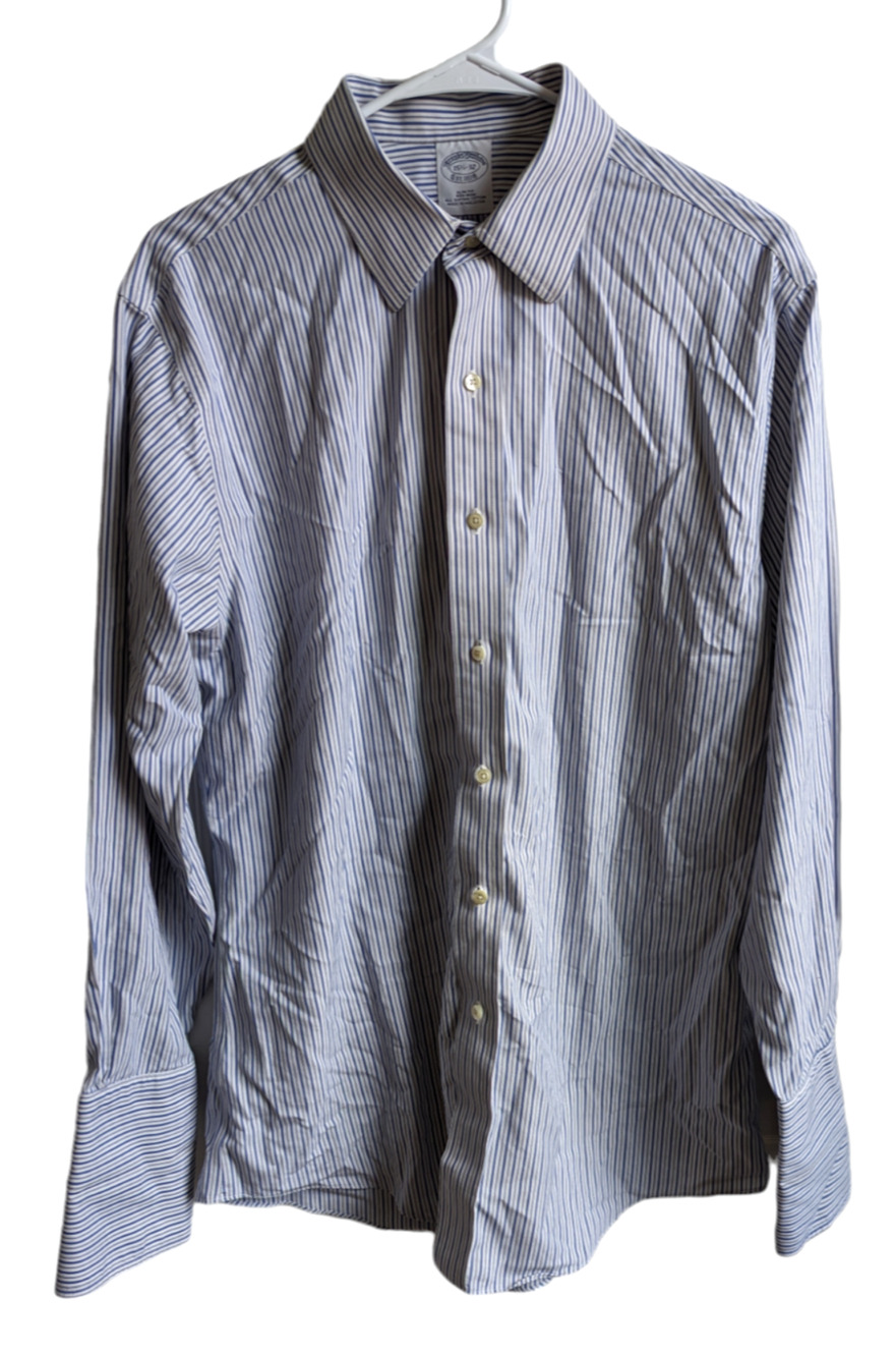 Brooks Brothers Mens White/Blue Striped Button Dress Shirt Slim Non Iron 15.5-32